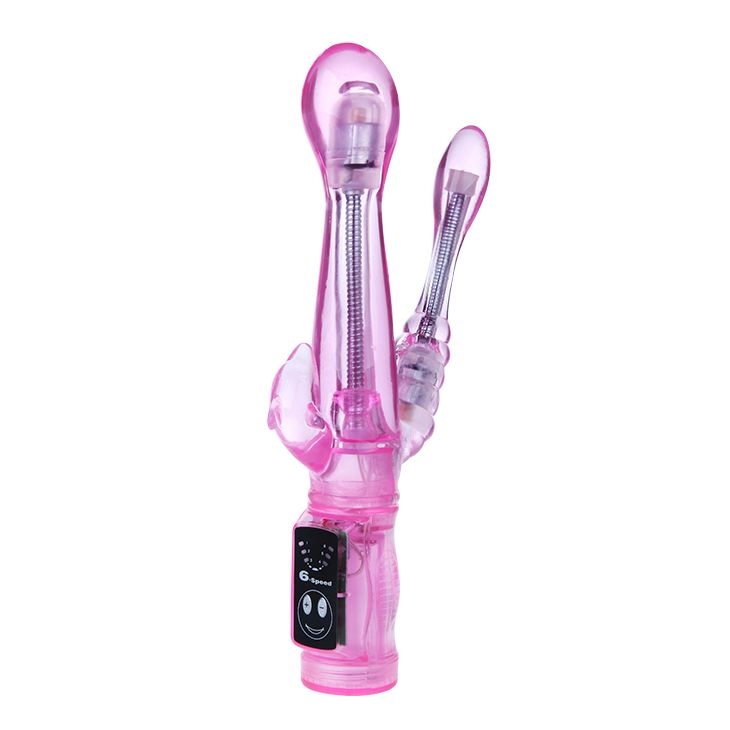 Розовый вибратор с анальным и клиторальным отростками Intimate Tease - 22,5 см.