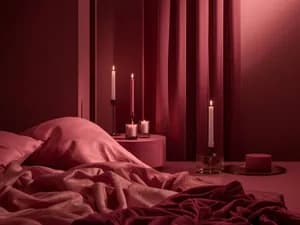 Кровать с мягкими тканями и зажжёнными свечами в спальне