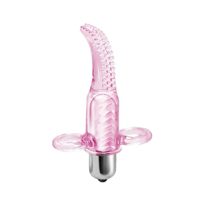 Розовый вибромассажер с щёточкой и петлями для пальцев Vibro Finger