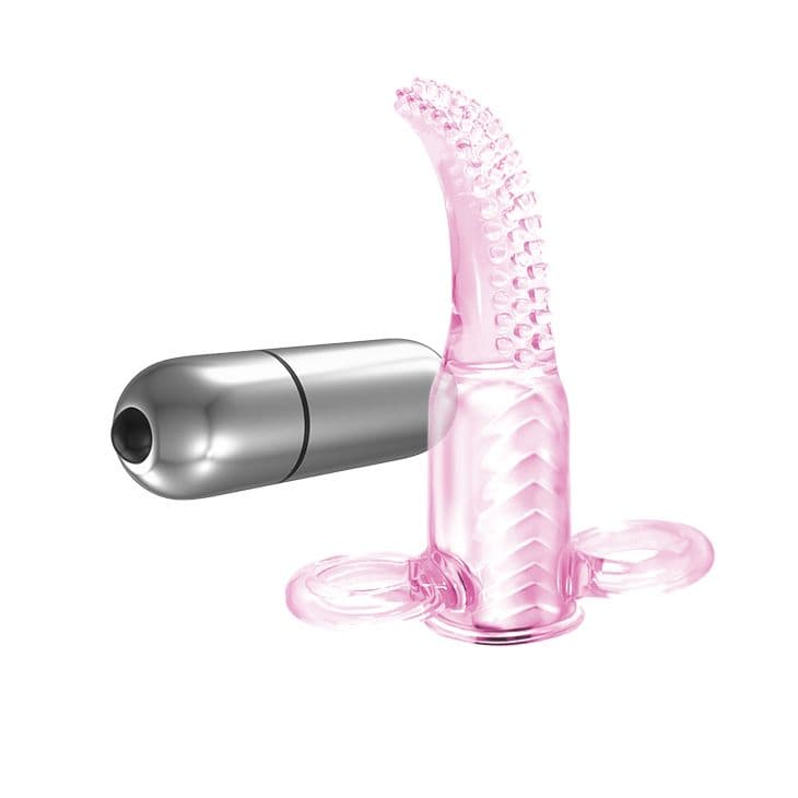 Розовый вибромассажер с щёточкой и петлями для пальцев Vibro Finger