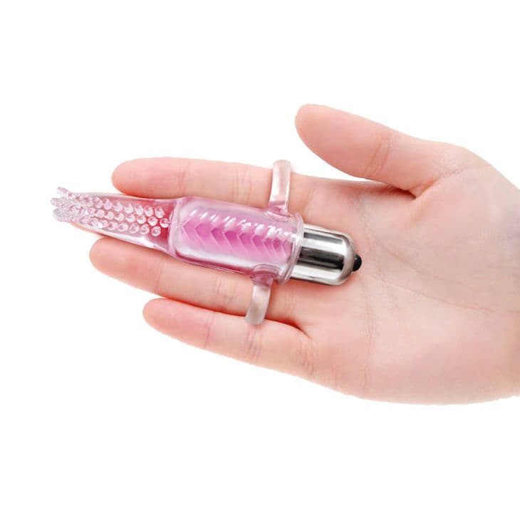 Розовый вибромассажер с щёточкой и петлями для пальцев Vibro Finger