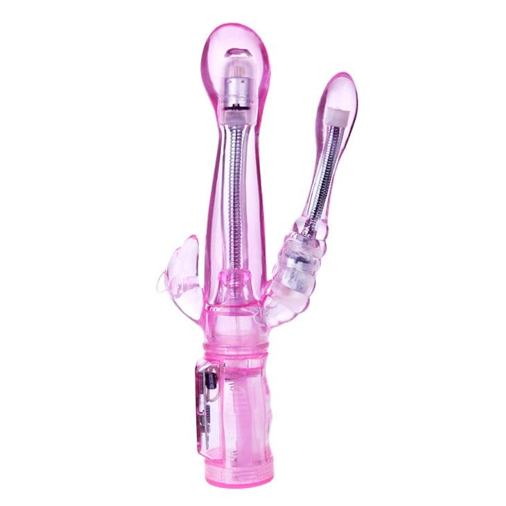 Розовый вибратор с анальным и клиторальным отростками Intimate Tease - 22,5 см.
