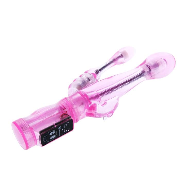 Розовый вибратор с анальным и клиторальным отростками Intimate Tease - 22,5 см.
