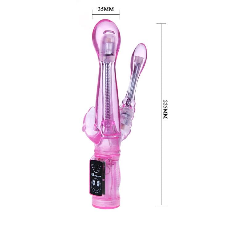 Розовый вибратор с анальным и клиторальным отростками Intimate Tease - 22,5 см.