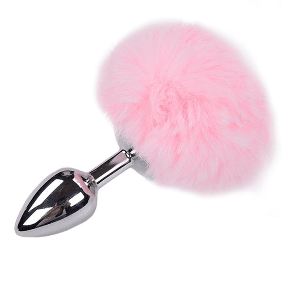 Серебристая анальная втулка с розовым хвостиком Alive Metal Anal Fluffly Plug S