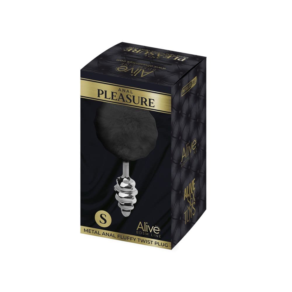 Серебристая анальная пробка с черным хвостиком Metal Anal Fluffly Twist Plug S