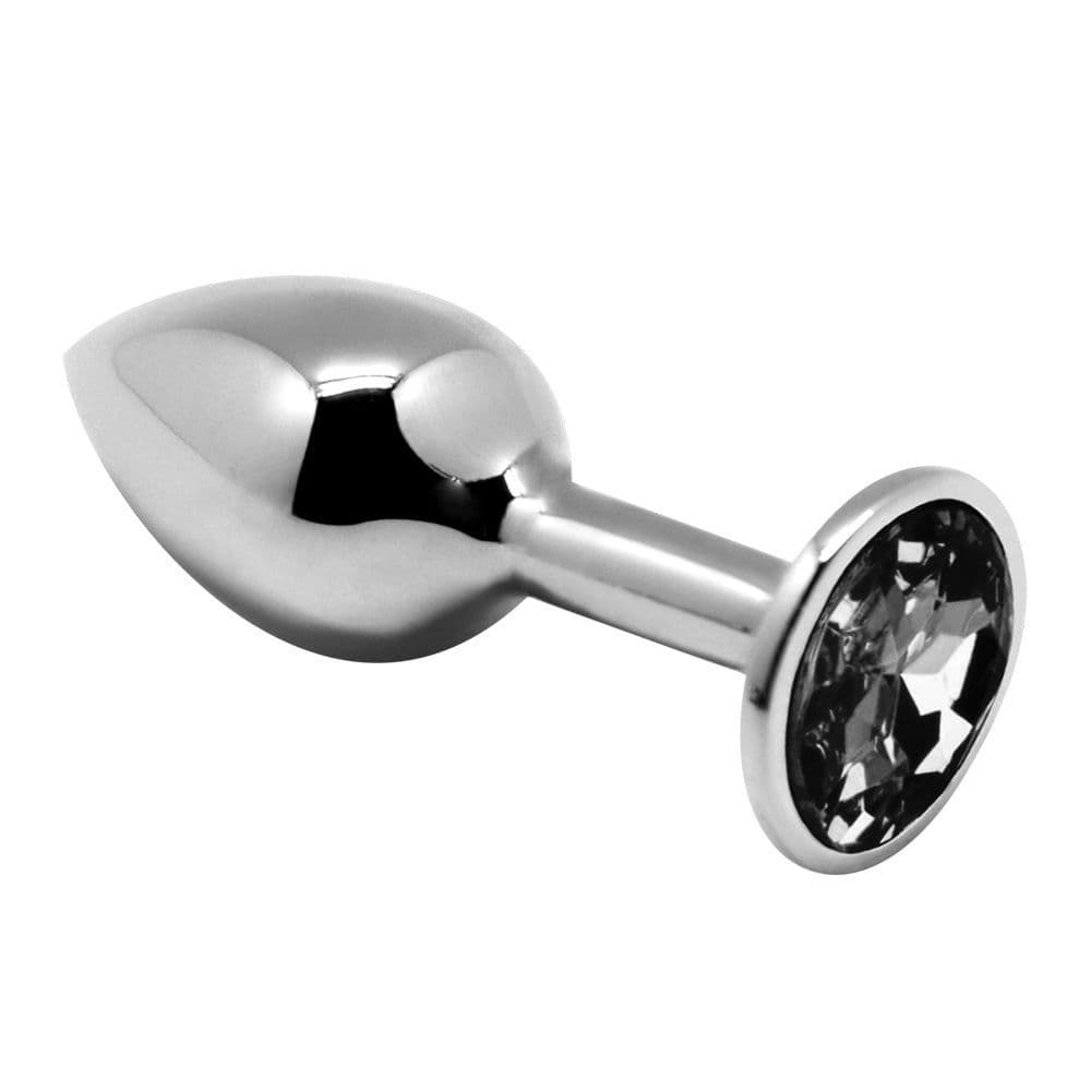 Серебристая анальная втулка с черным кристаллом Mini Metal Butt Plug Size S - 7 см.