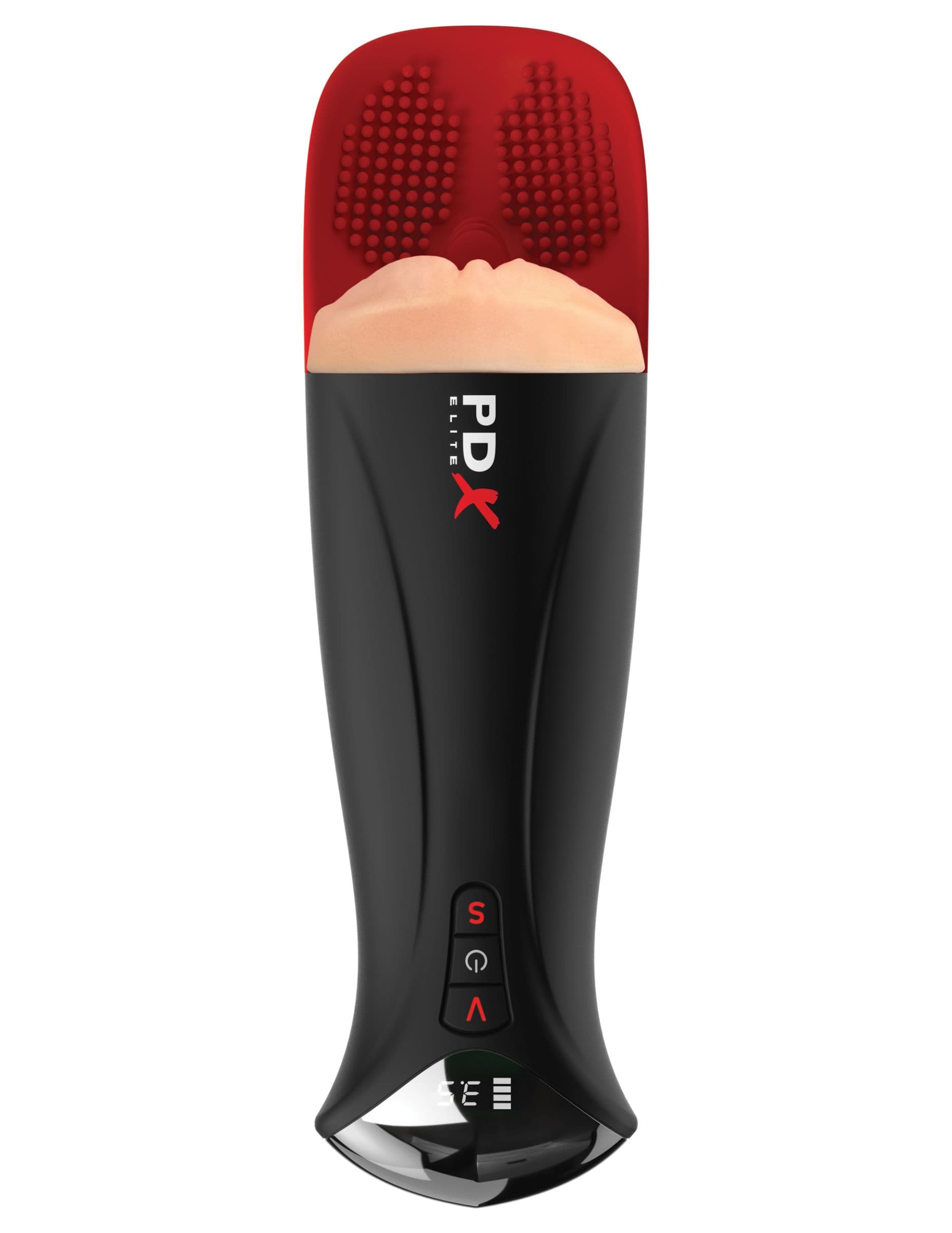 Телесный мастурбатор-вагина в черной колбе с вибрацией Fuck-O-Matic Pro XL