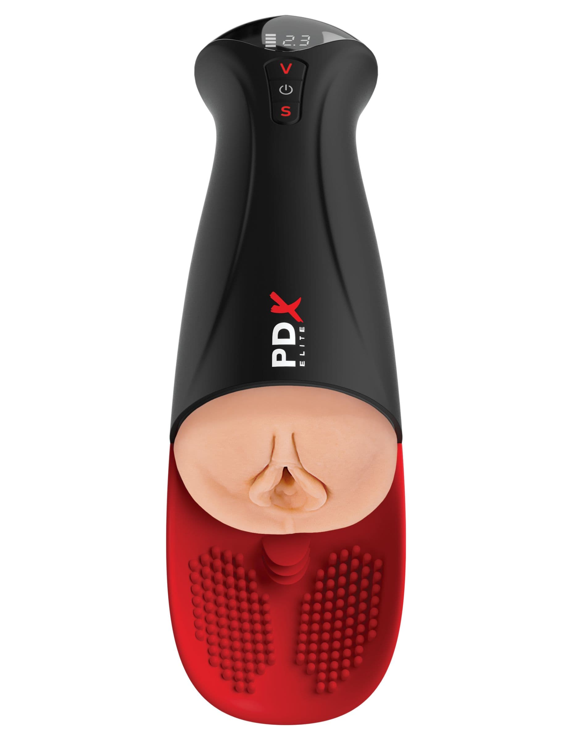 Телесный мастурбатор-вагина в черной колбе с вибрацией Fuck-O-Matic Pro XL