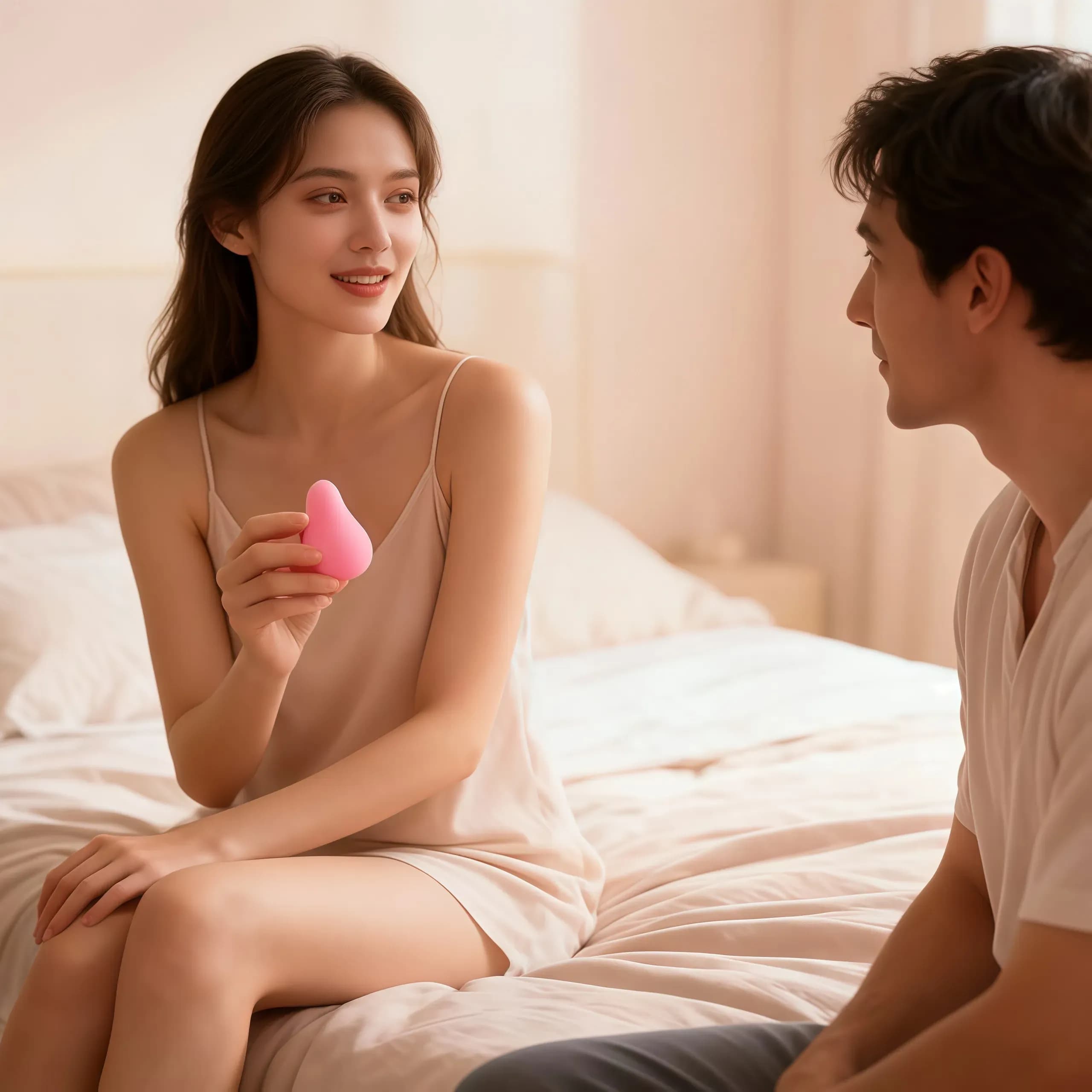 Пара в спальне, женщина держит розовую интимную игрушку