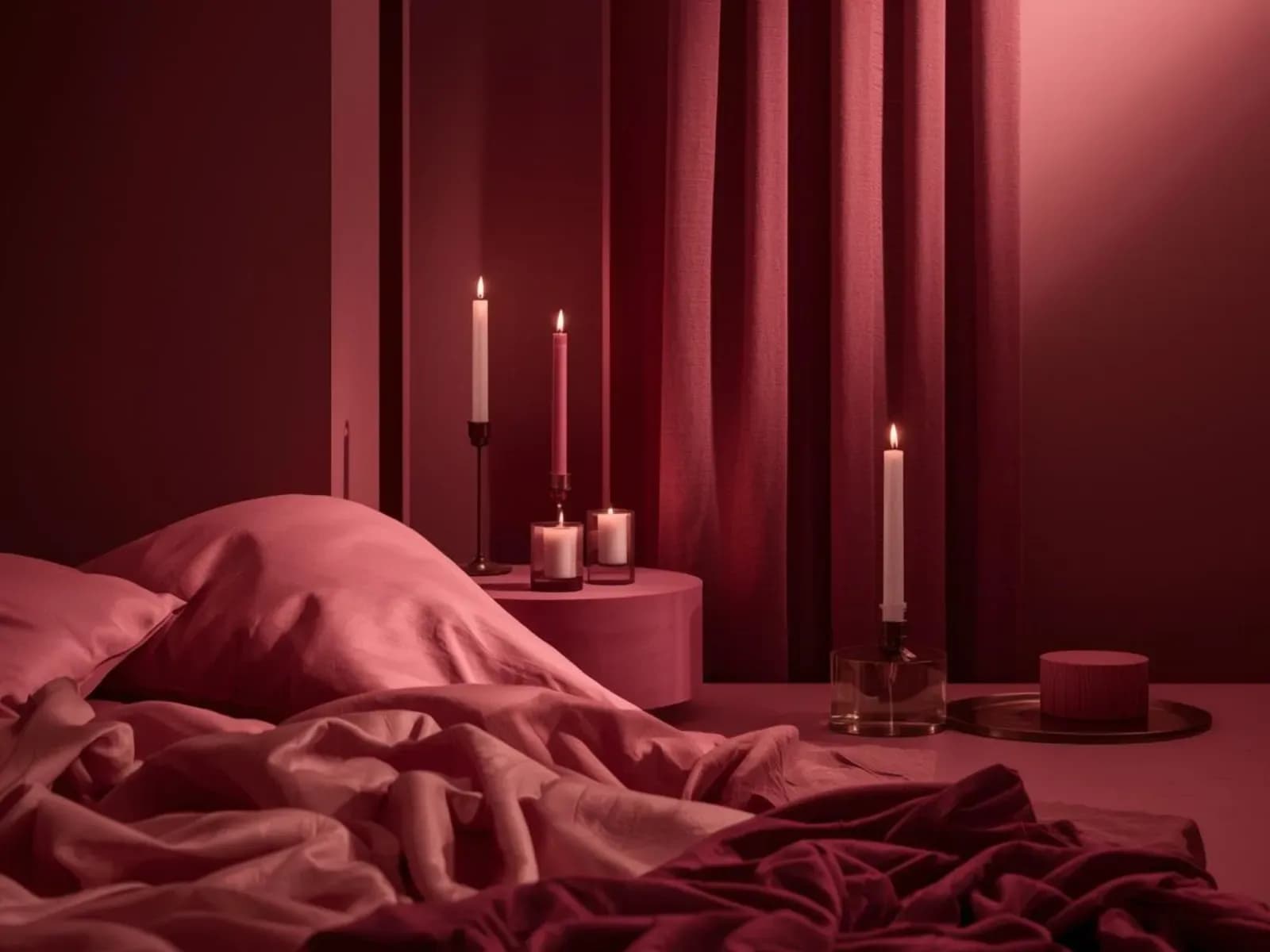 Интерьер спальни с мягкой постелью и горящими свечами